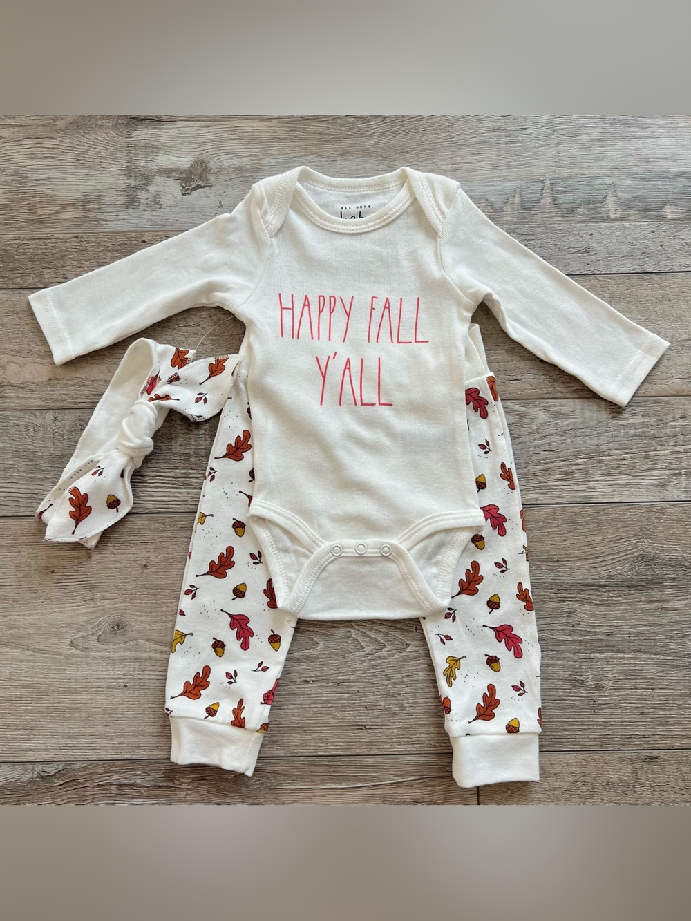 NWT Rae Dunn "Happy Fall Y'all" Onesie, Leggings & Headband Set 3/6 Months